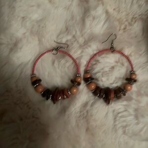 Pink and Brown Beaded Hoop Earrings